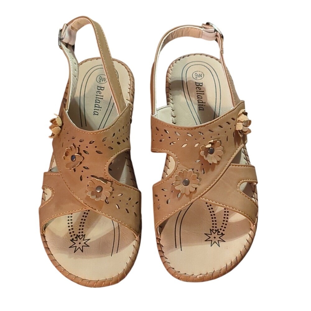Belladia Women's Flower Embellished Sandals with Heel Strap Sz 9